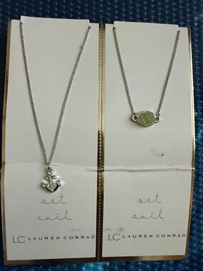 LC Lauren Conrad Silver Anchor Necklace & Light Green Stone Pendant Set